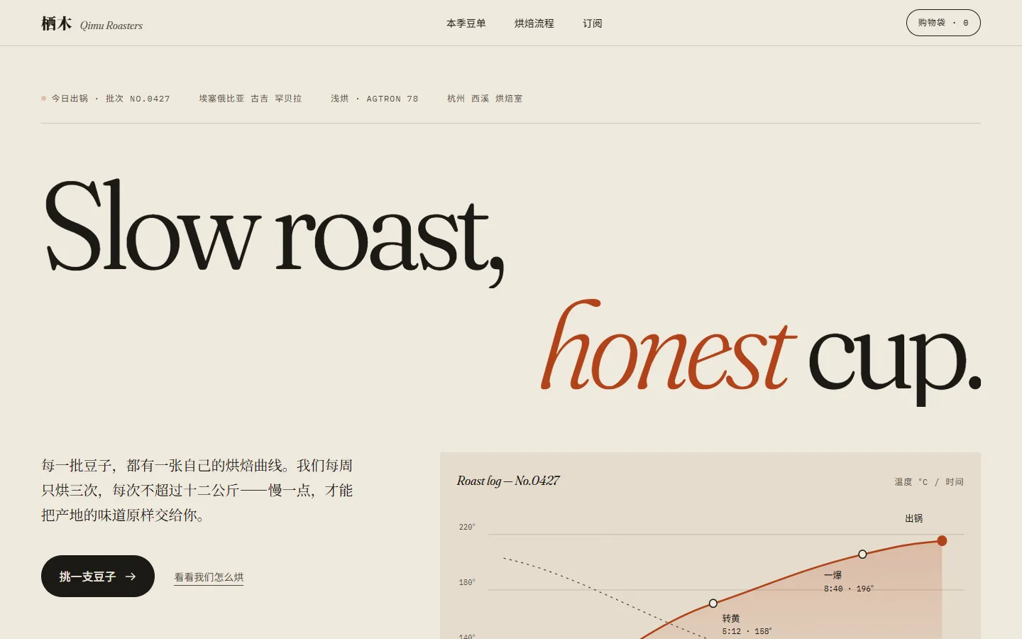 栖木咖啡首屏：大号衬线标题 Slow roast, honest cup. 与烘焙曲线卡片