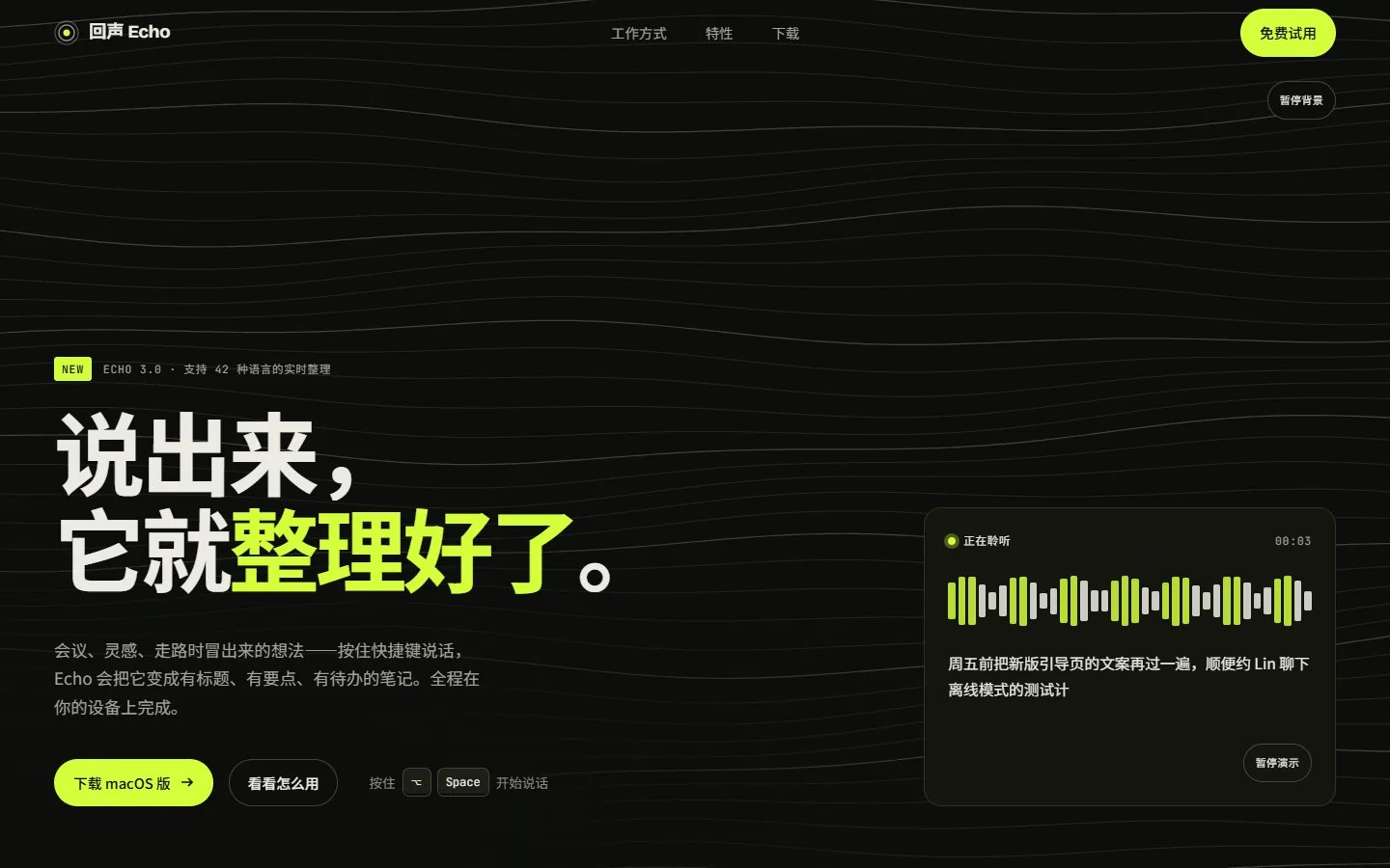回声 Echo 首屏：暗色等高线背景与酸性绿标题